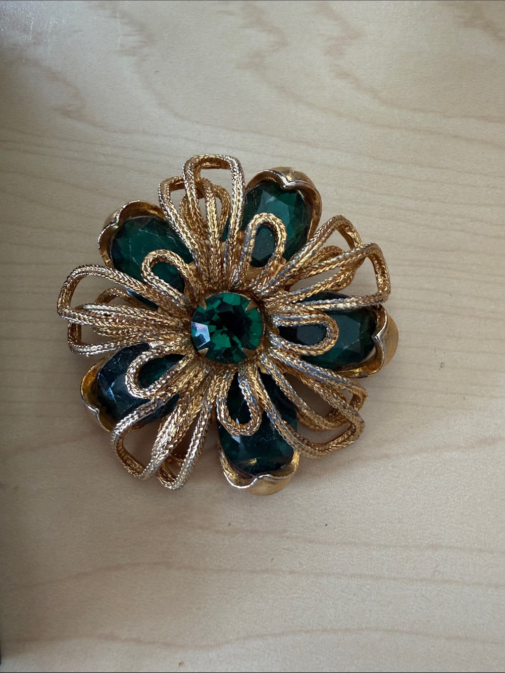 Coro Gold-Tone Floral Brooch with Deep Green Center